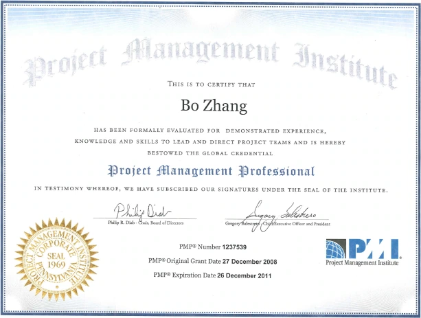 Project Management Professional certificate for Bo Zhang