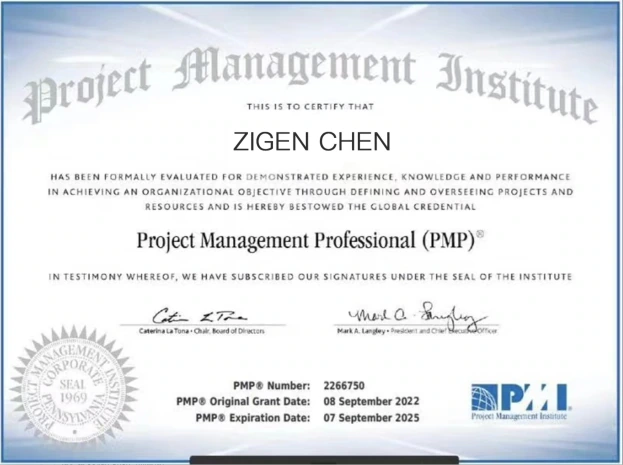 Project Management Professional certificate for Zigen Chen
