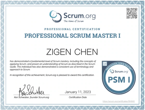 Professional Scrum Master I certificate