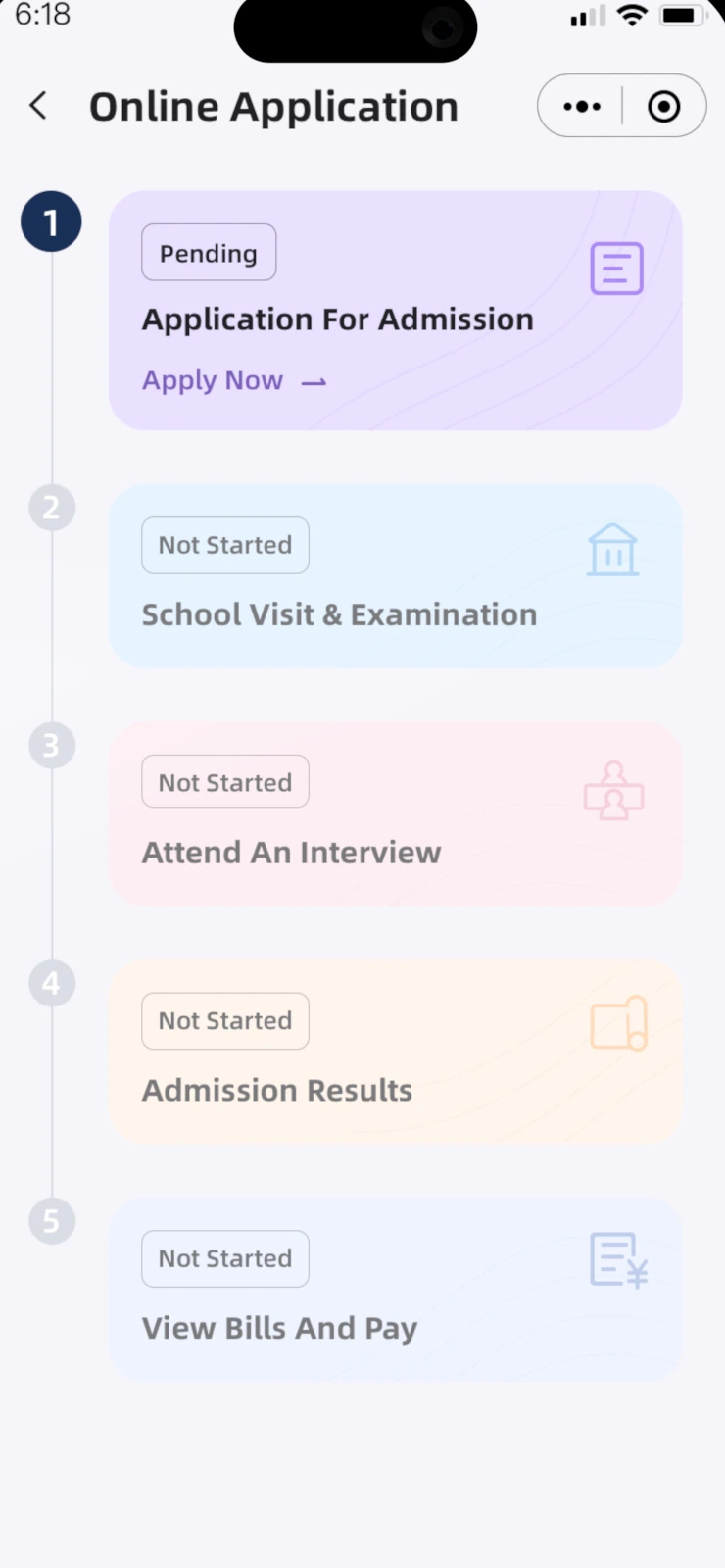 ApplyNow admissions journey showing application, visit, interview, result, and payment stages