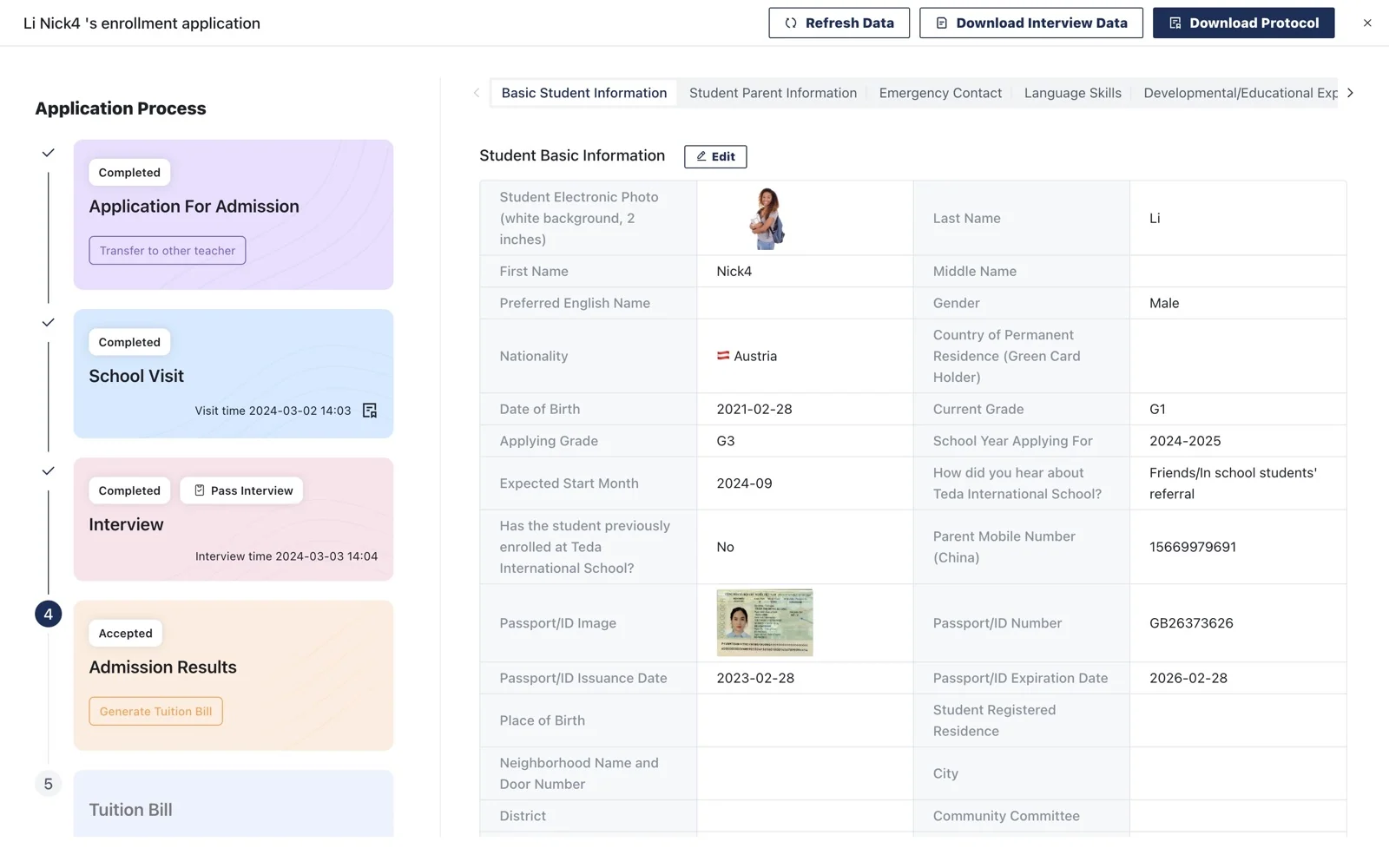 ApplyNow application process showing student information and completed admissions stages