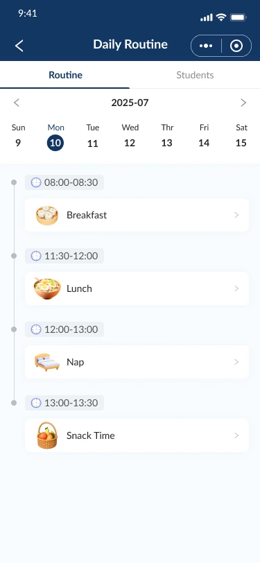 Daily Routine app design showing a selected date and a timeline for breakfast, lunch, nap and snack time.
