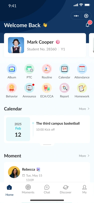 Parent home screen design with service shortcuts, a calendar event and a Moments preview.