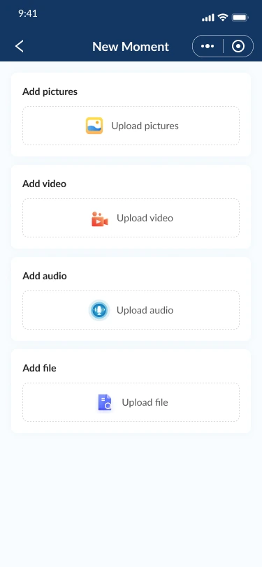 New Moment app design with separate options to upload pictures, video, audio and files.