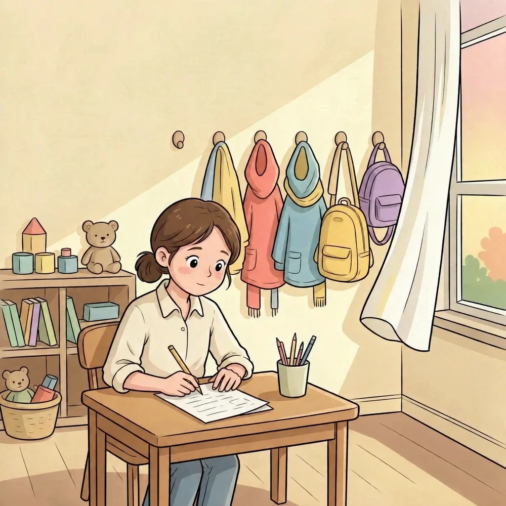 Illustration from the presentation: a teacher sits at a classroom desk recording observations after a busy school day.