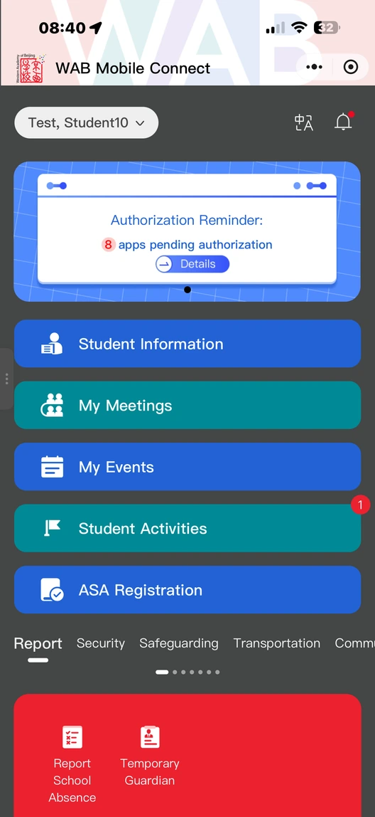 WAB Mobile Connect app showing a test student profile and shortcuts for student information, meetings, events and activities.