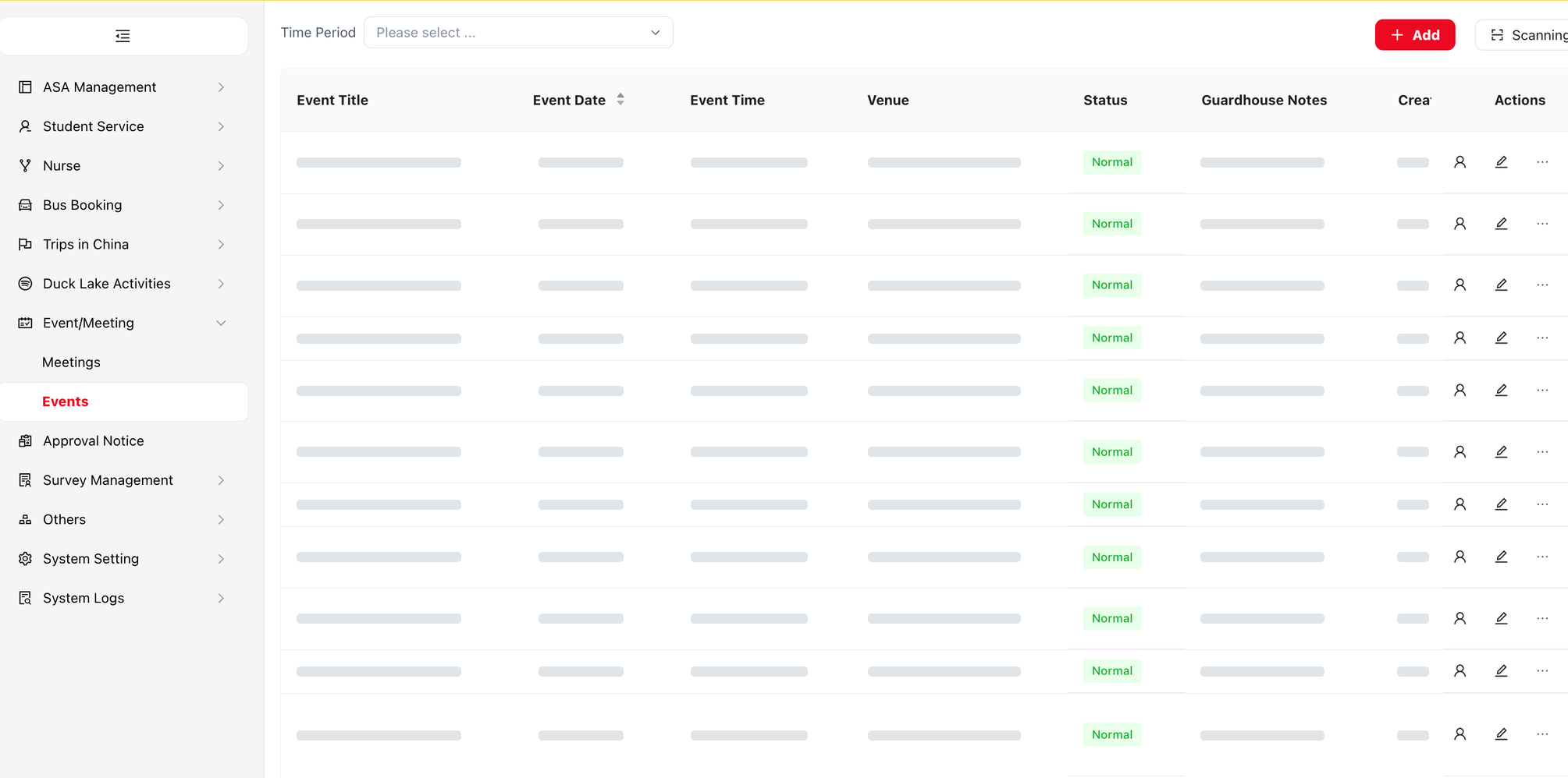 WAB Mobile Connect Admin events interface with event details and staff names masked; navigation, column headings, status labels and controls remain visible.