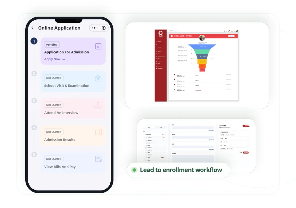 ApplyNow admissions flow, funnel, and custom field screens