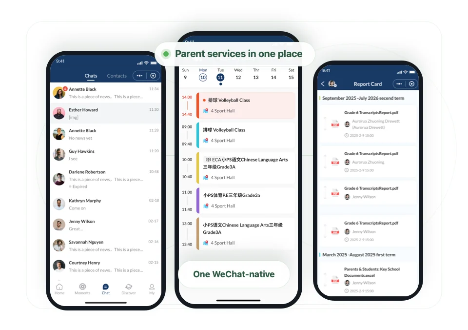 OnePortal parent services shown across mobile app screens