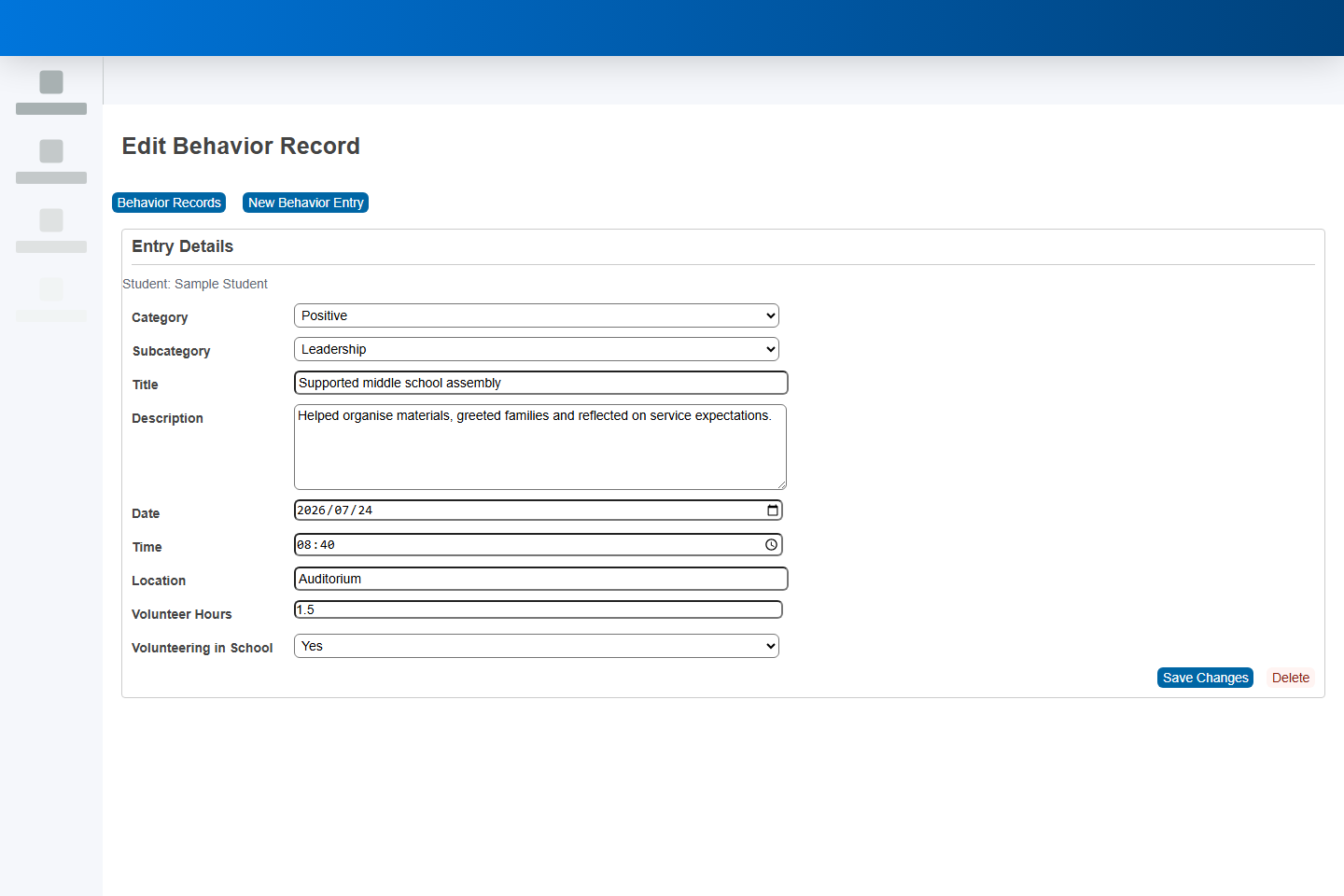 Behavior entry form with category, subcategory, student selection, volunteering in school and volunteer-hour fields