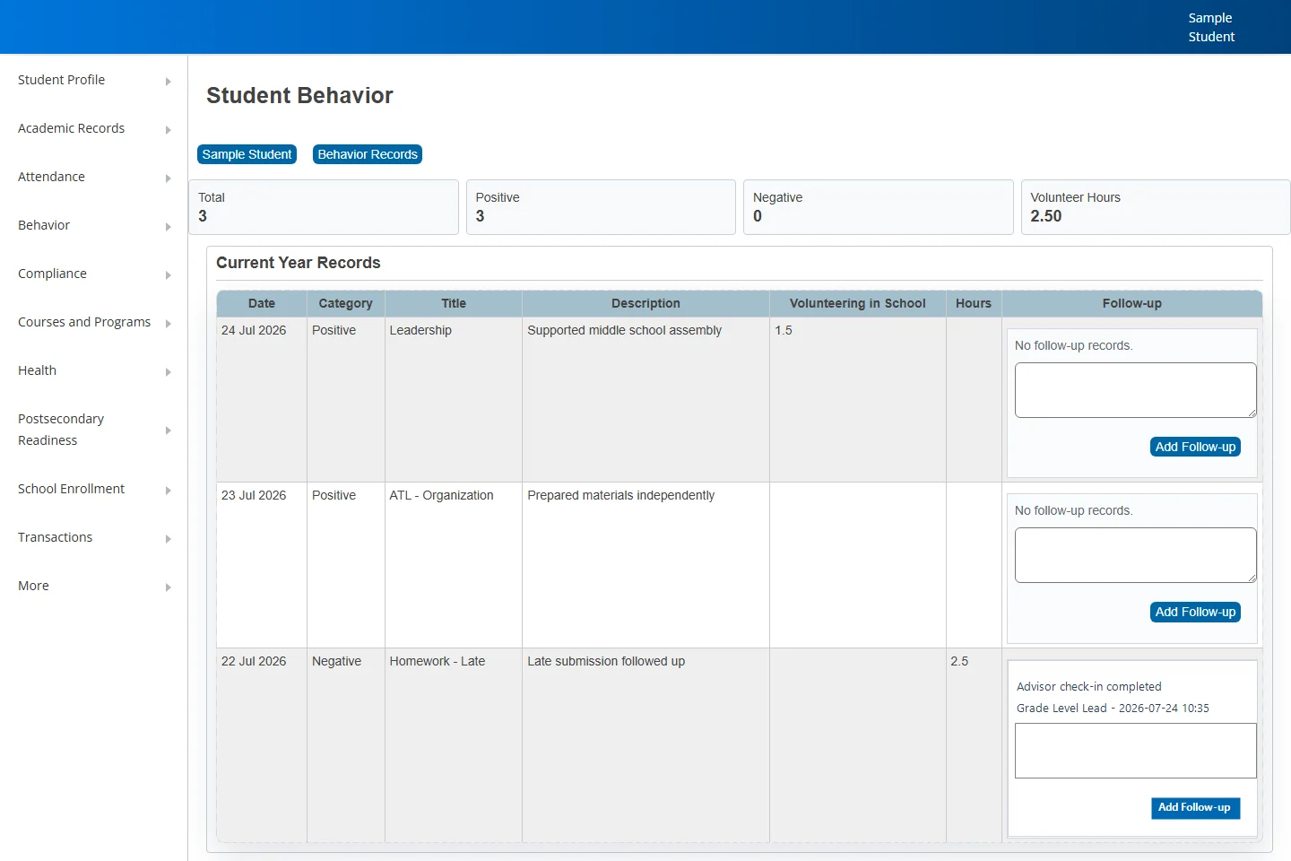 Student behavior history with current-year records, positive and negative counts, volunteer-hour total and follow-up notes