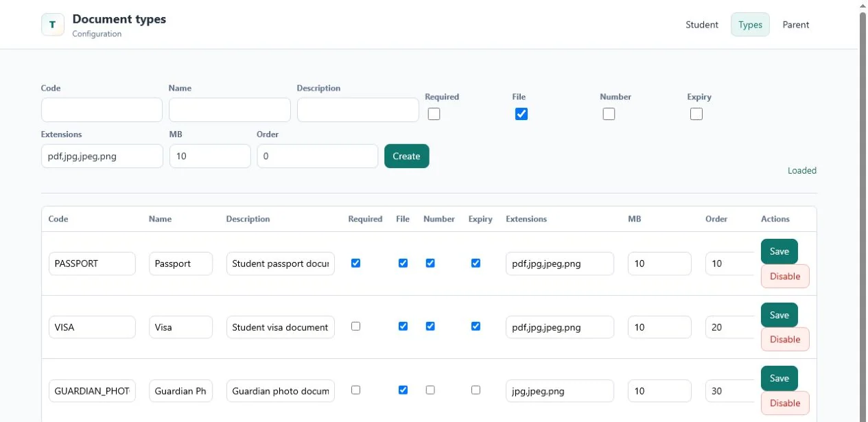 Document type configuration page for passport, visa, and guardian photo requirements