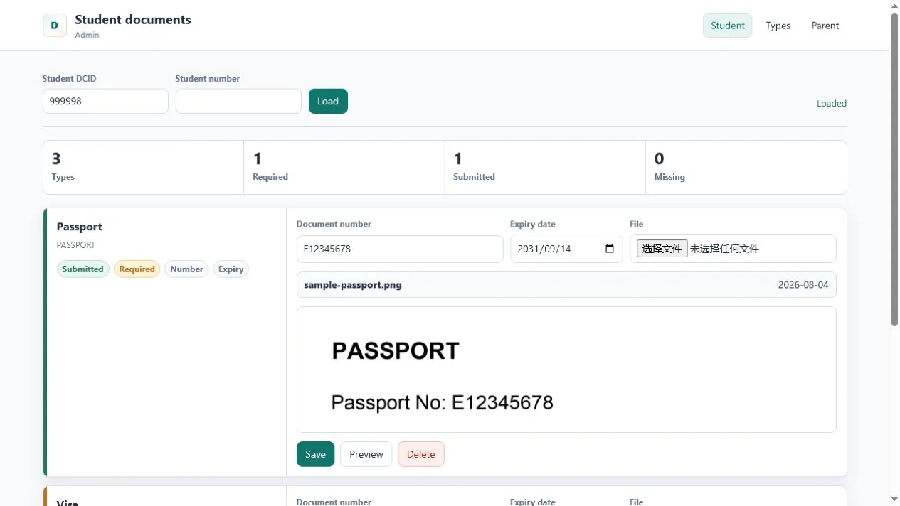 Admin student document page with a submitted passport record