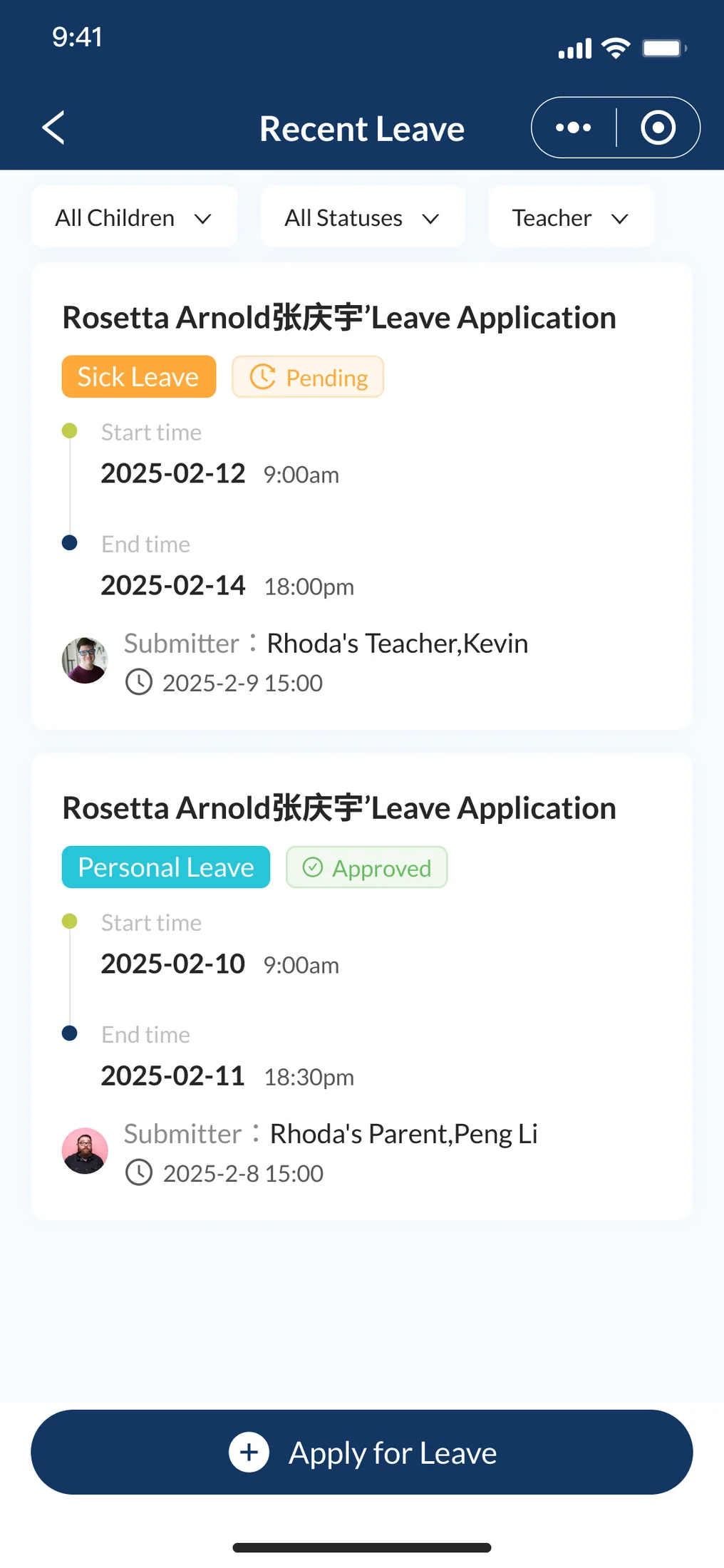 OnePortal recent leave list showing pending and approved leave applications