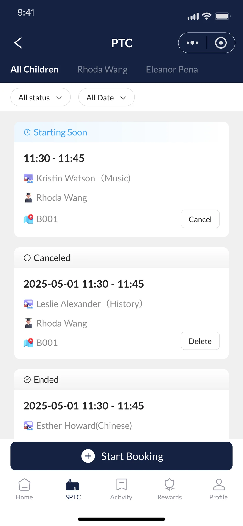 OnePortal parent-teacher conference booking list showing upcoming and canceled appointments