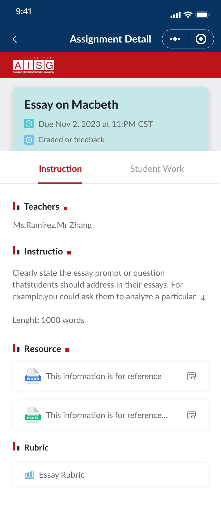 OnePortal assignment detail screen with instructions and resources