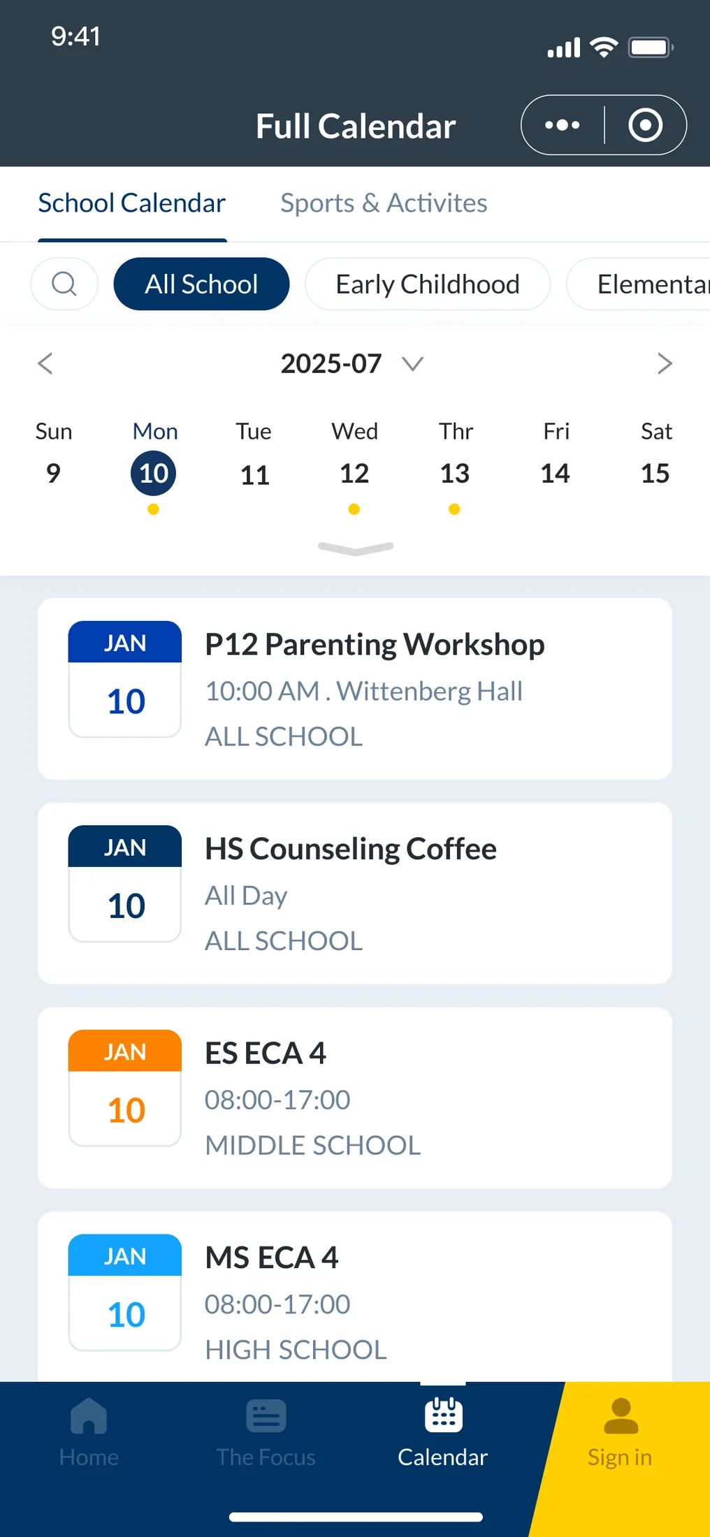 OnePortal full calendar screen showing school events and activity schedule