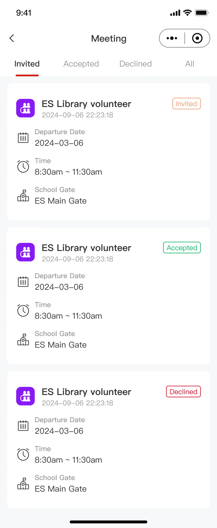OnePortal meeting invitation list with invited, accepted, and declined statuses