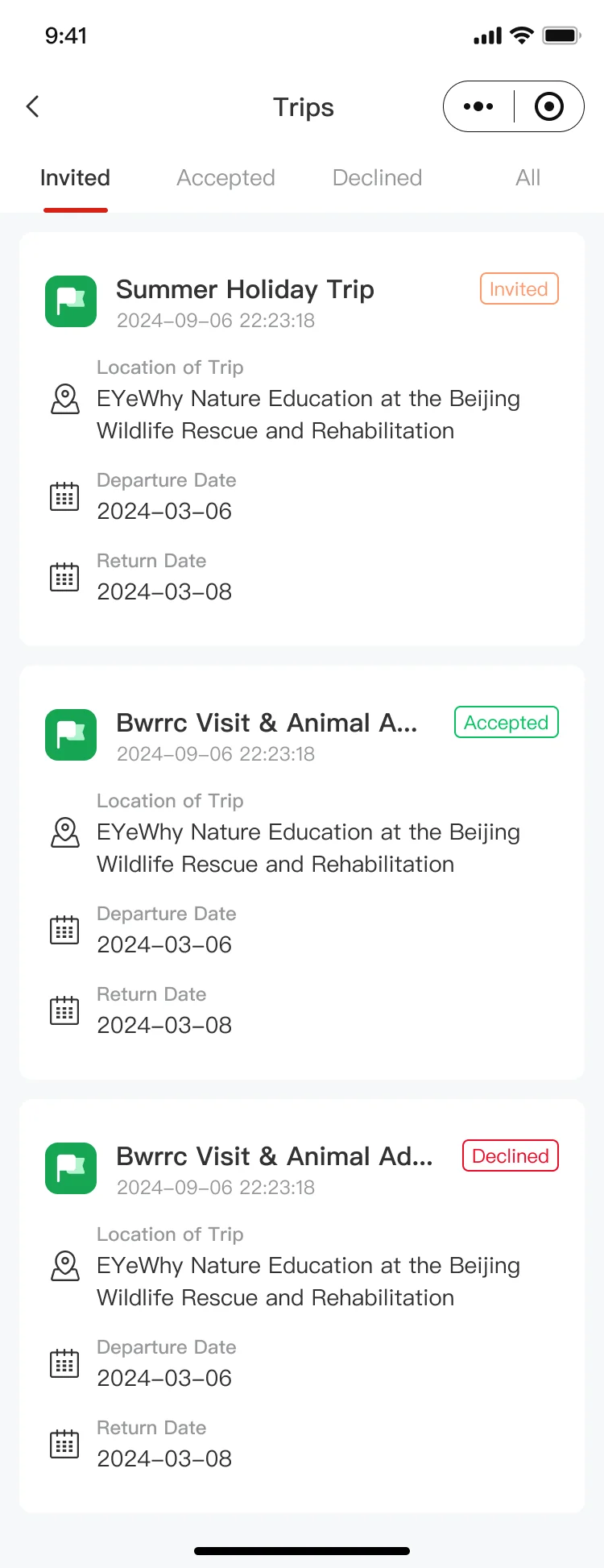 OnePortal trips screen showing trip invitations, dates, and locations